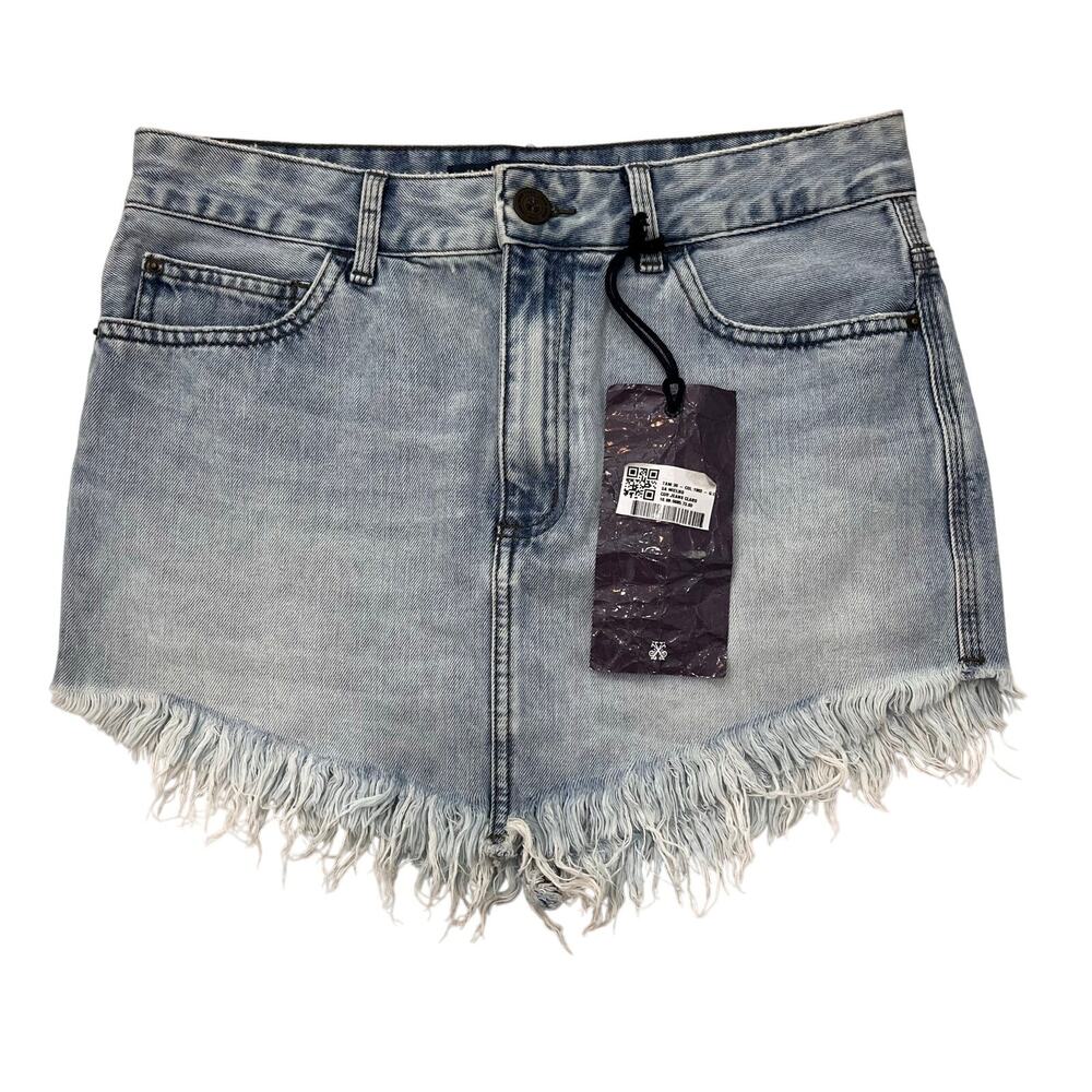 John John Women's 26 Distressed Denim Fringed Bottom Mini Skirt NWT